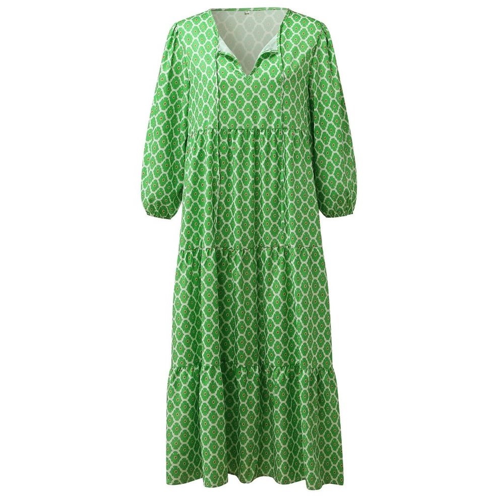 Boho Floral Puff Sleeve Tiered Maxi Dress Casual Layered Dress